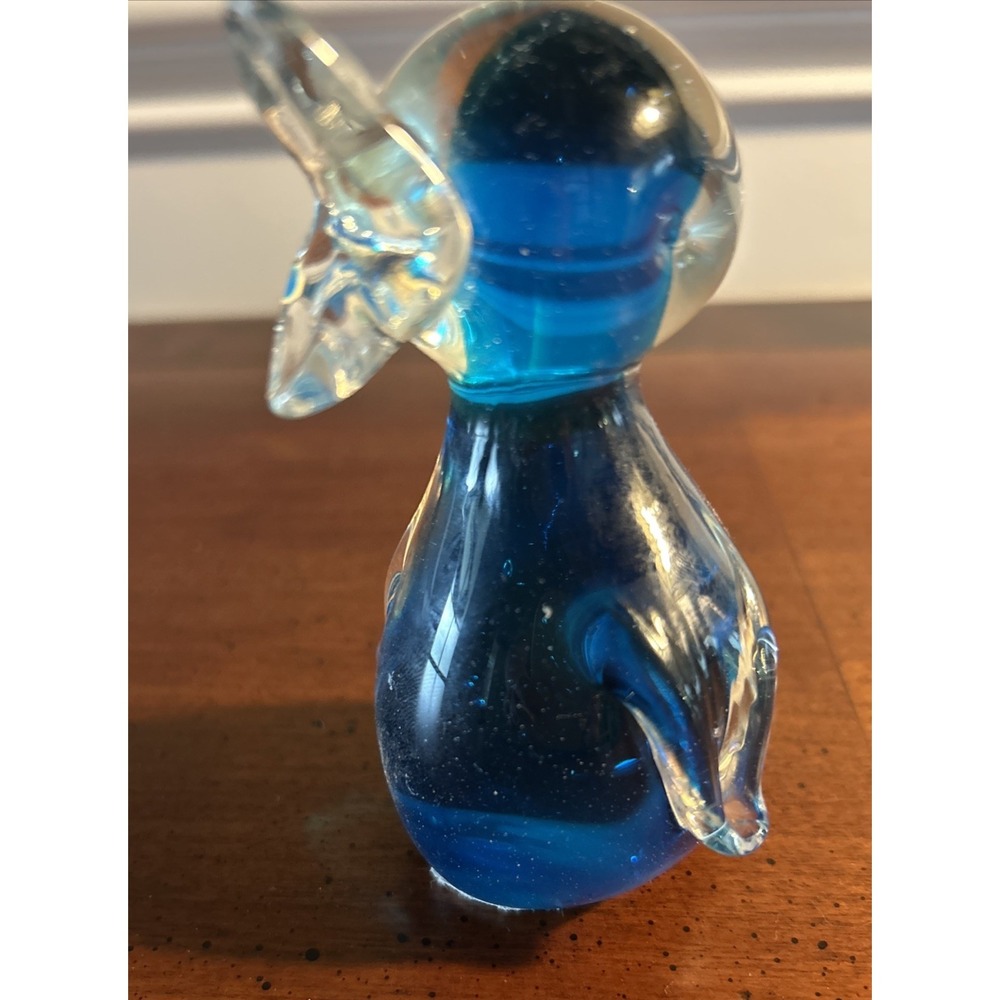 Vintage Art Glass Bird or Duck Figurine Hand Blown Blue Clear Glass 4 1/2' PD2